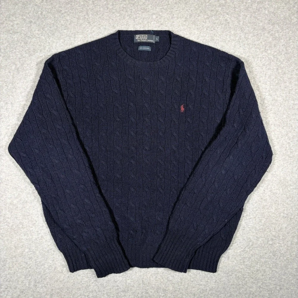 Vintage Polo Ralph Lauren Sweater Mens Large Navy Blue Cable Knit Lambswool 90s